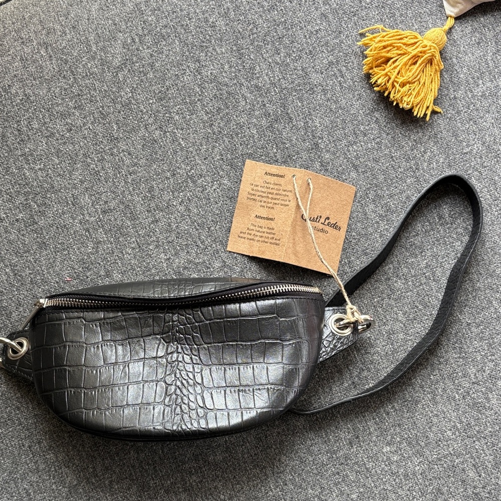 Gusti Leather Black Croc-Embossed Leather Belt Hip Fanny Bag